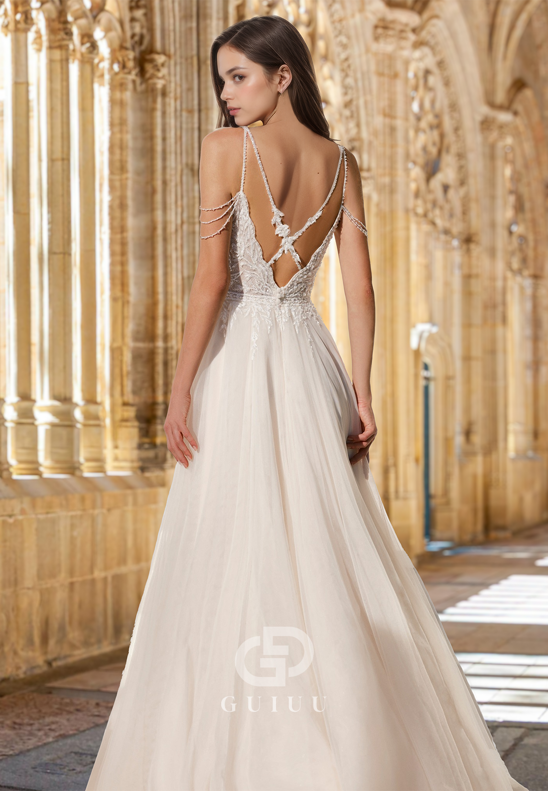 Spaghetti Straps Sweetheart Corset Tulle Side Slit Backless Lace Wedding Dress