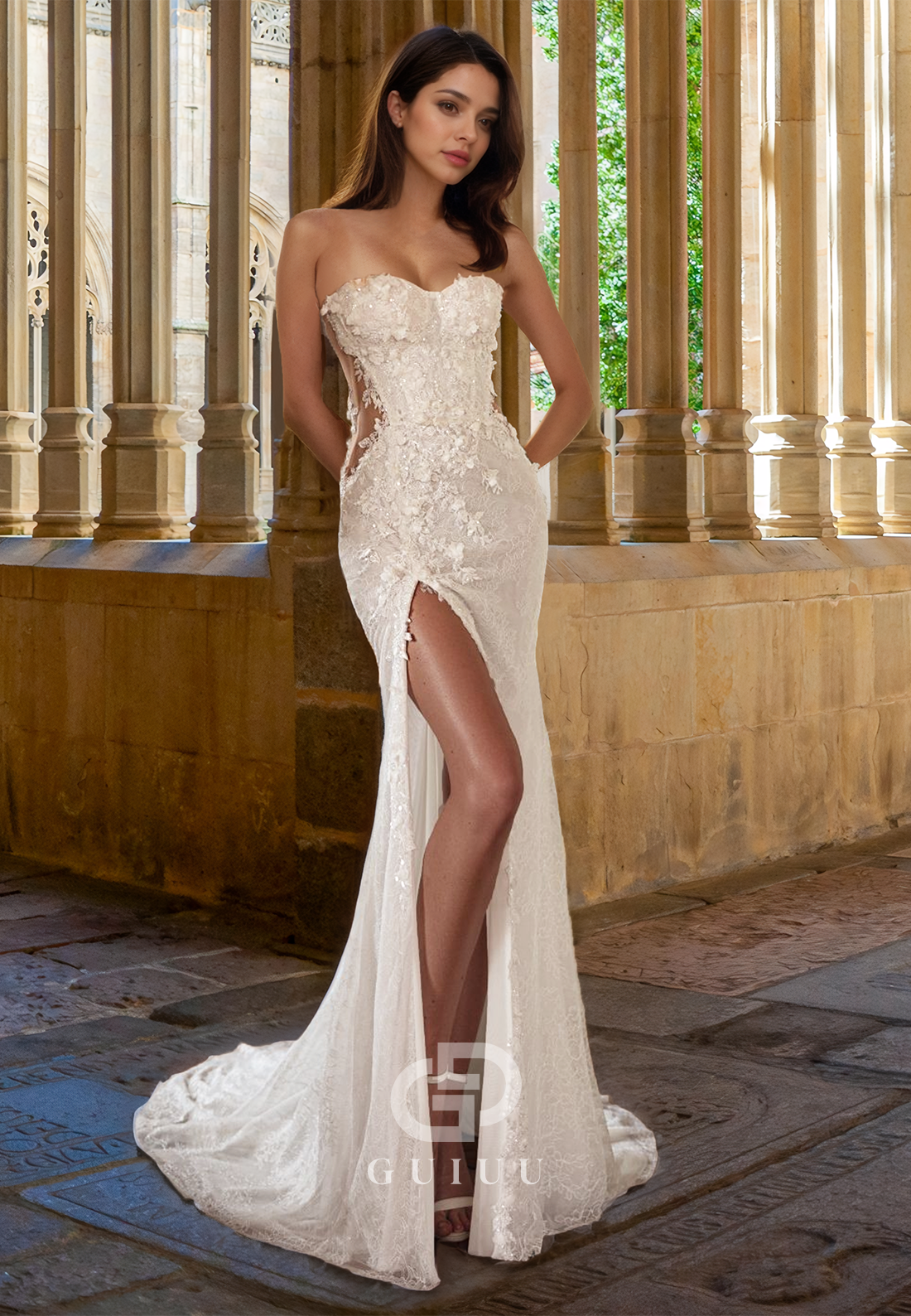 Charming Off-Shoulder Corset Tulle Floral Appliques Slit Floor-Length Lace Wedding Dress