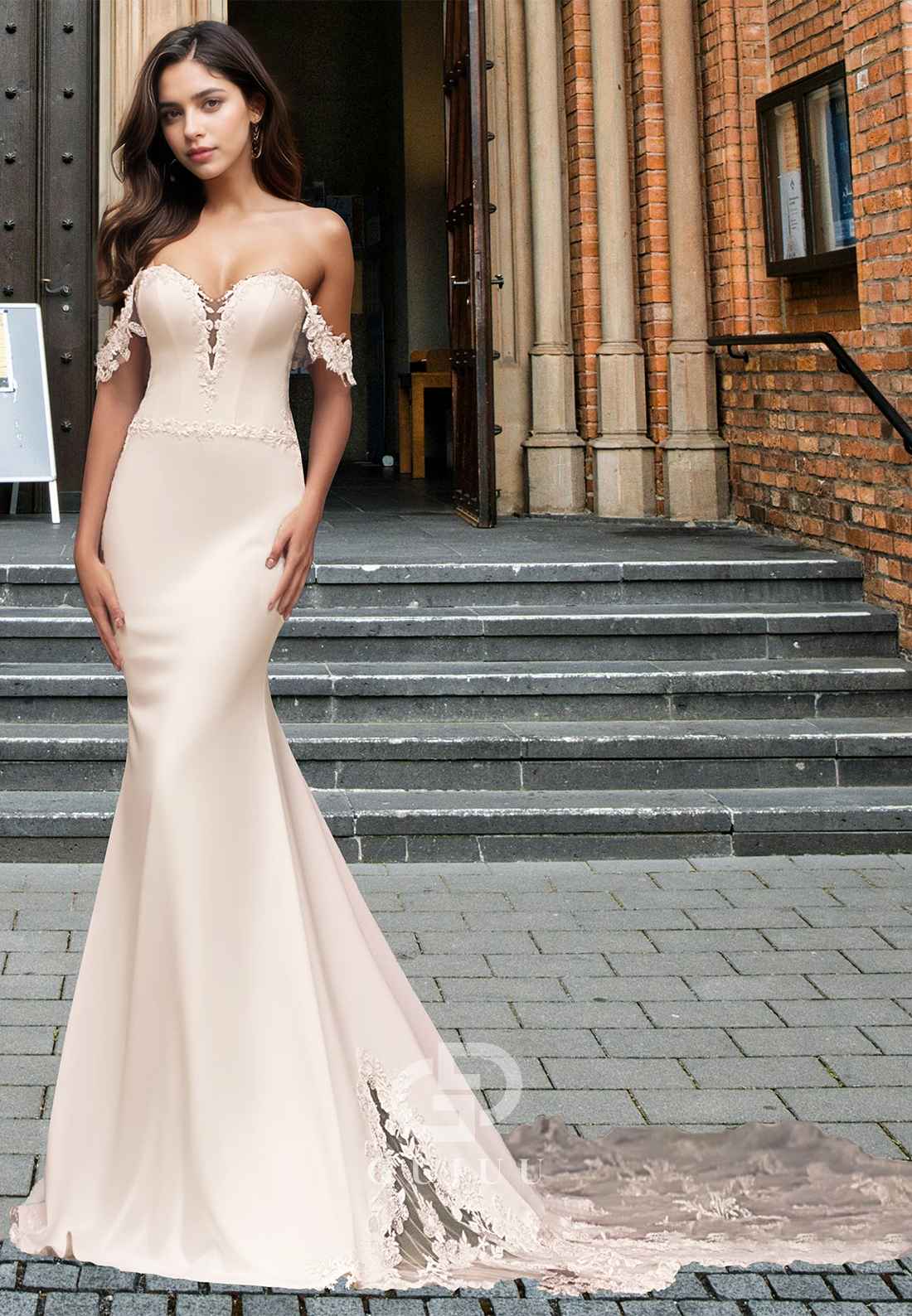 Marmaid Cap Sleeves Off-Shoulder Ruched Empire-Waist Satin Wedding Dress