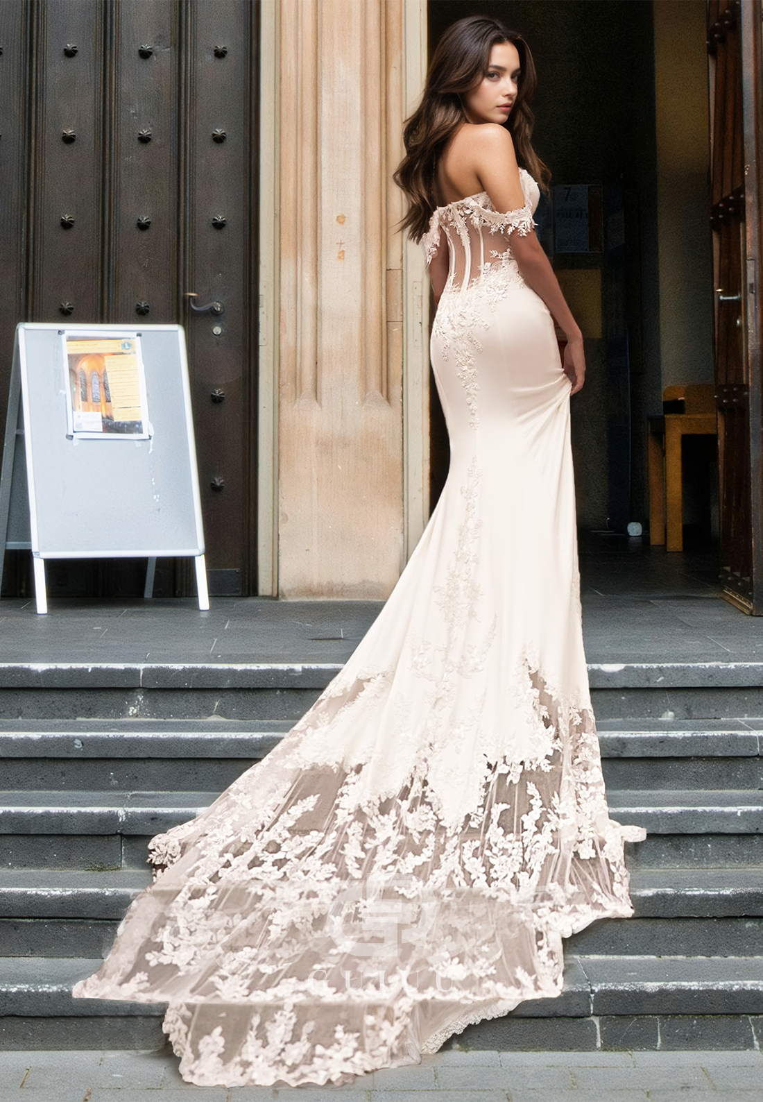 Marmaid Cap Sleeves Off-Shoulder Ruched Empire-Waist Satin Wedding Dress