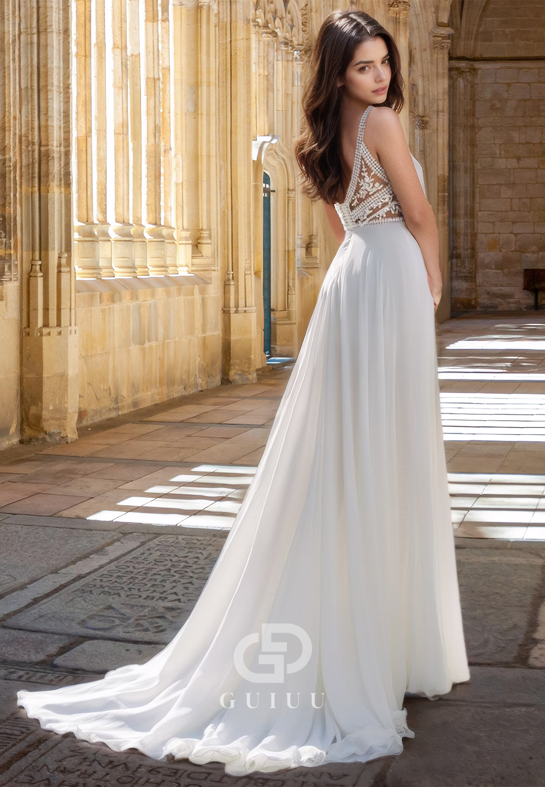 Simple Spaghetti Straps Deep V-Neck Corset Tulle Slit Appliques Beach Wedding Dress