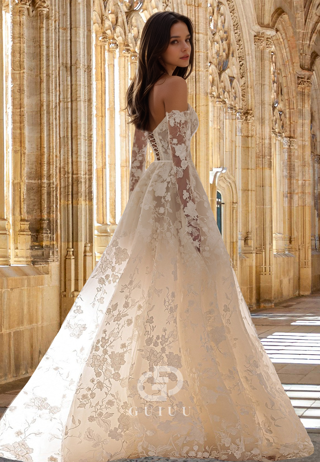 A-Line Off-Shoulder Strapless Pleated Floral Apliques Beach Lace Wedding Dress