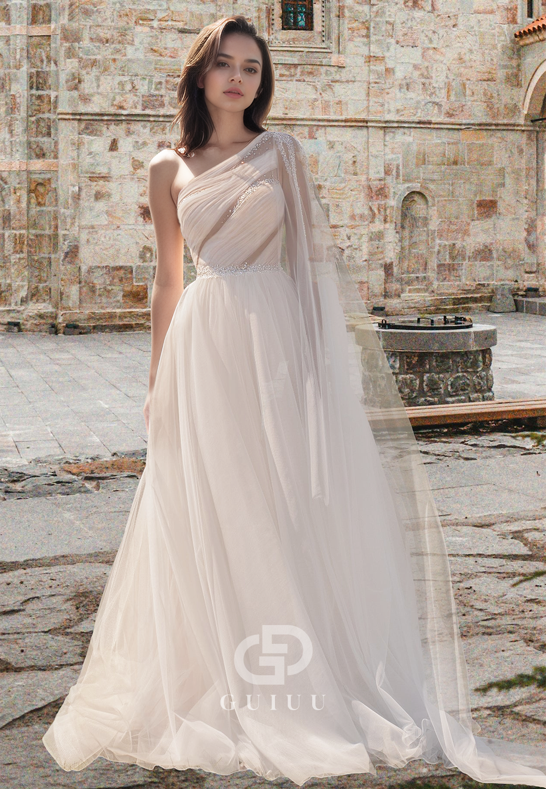 One Shoulder Sleeveless Corset Tulle Pleated Beaded Illusion A-Line Lace Wedding Dress