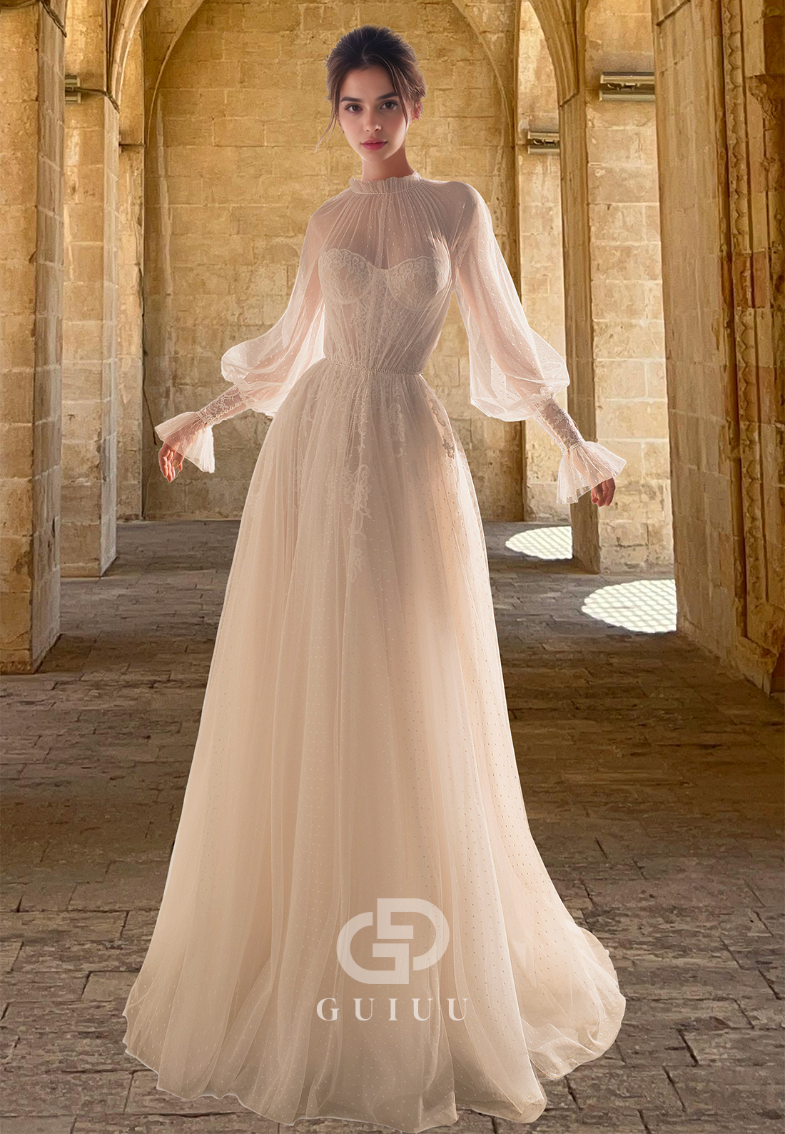 High Neck Long Sleeves Lace Appliques Corset Tulle A-Line Boho Wedding Dress