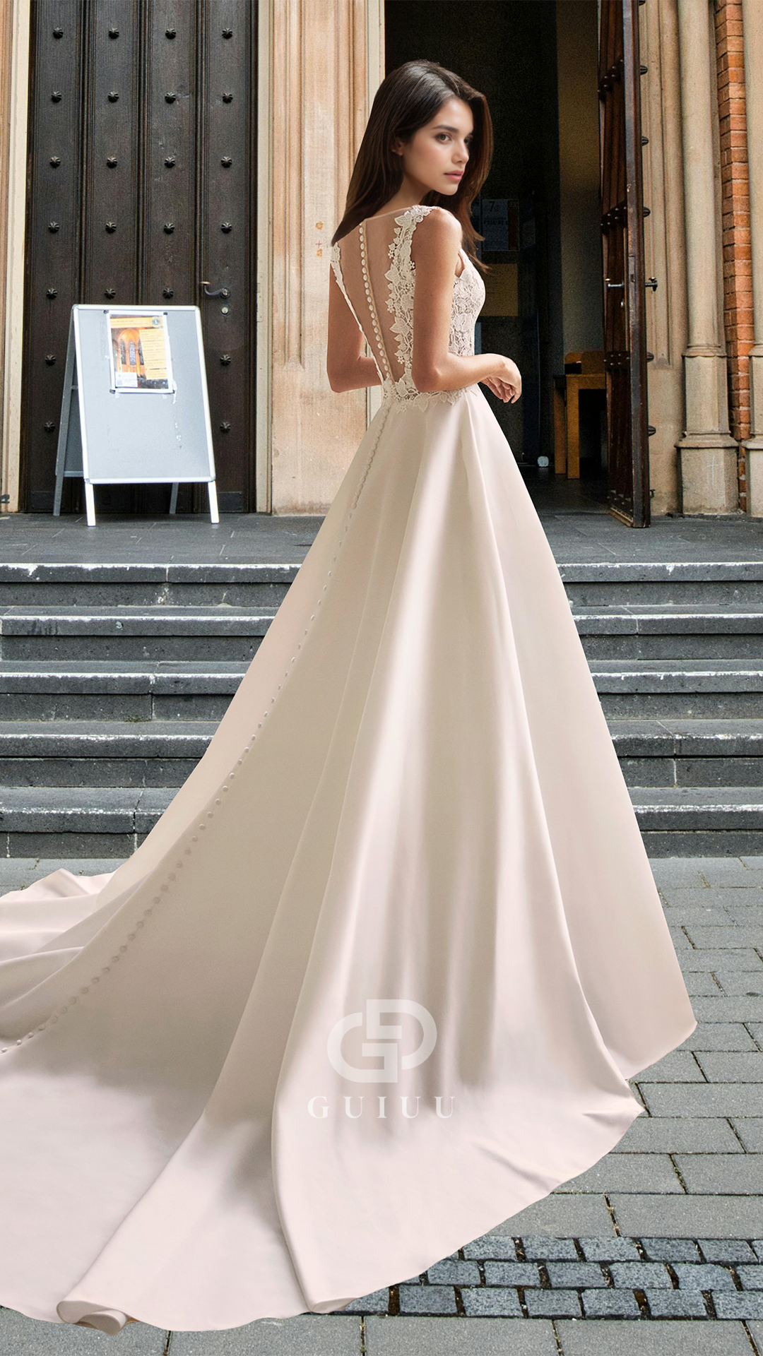 V-Neck Sleeveless Appliques Pleated Court Train Satin Wedding Dress