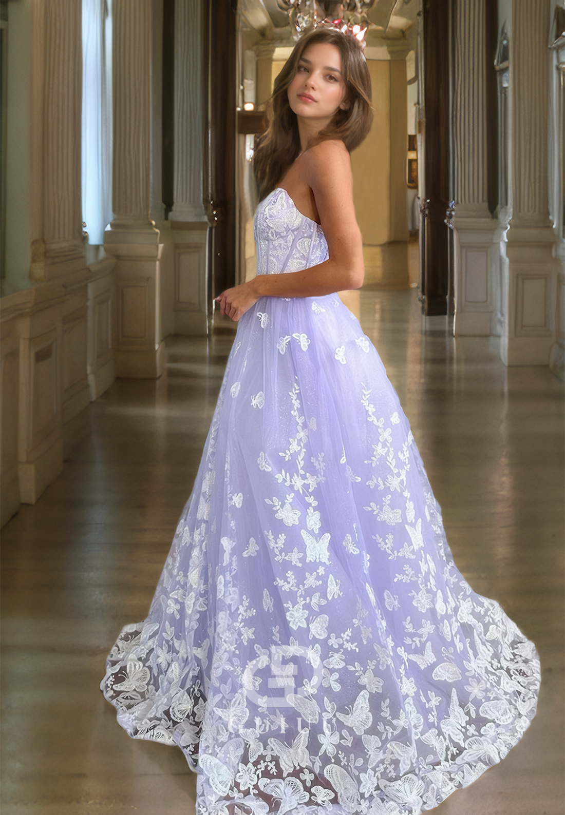 G2777 - Elegant A-Line Glitter Strapless Applique Tulle Long Prom Evening Dress