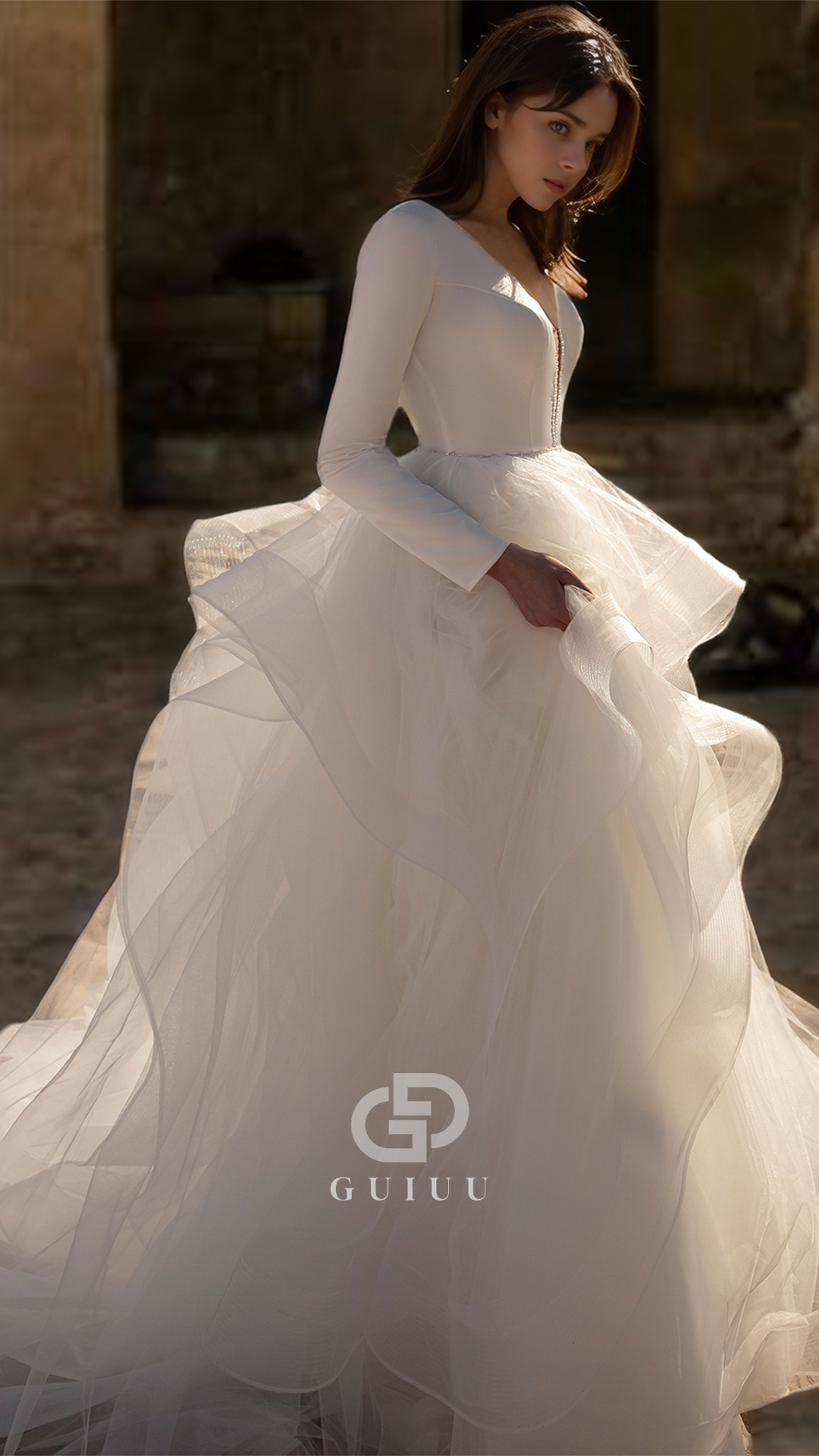 GW897 - A-Line V N eck Long Sleeves Tulle Tiered Beach Wedding Dress