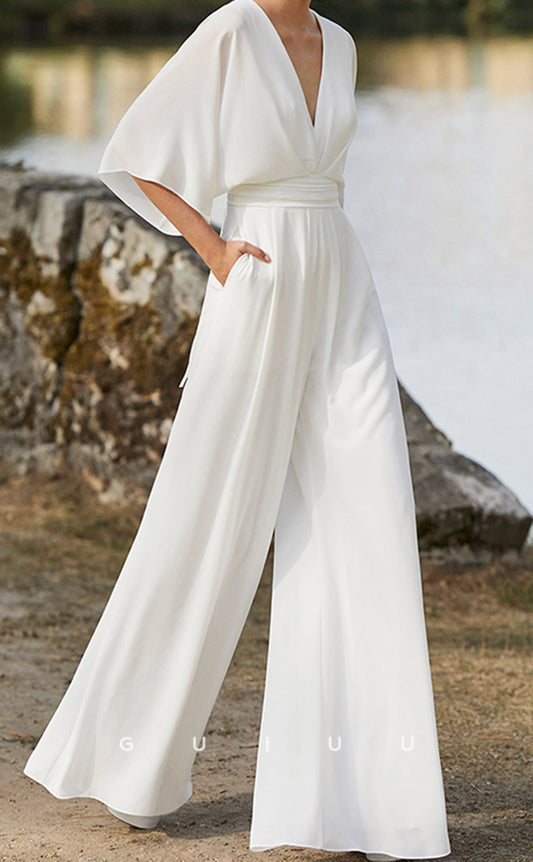 GW958 - Jumpsuit Pantsuit V-neck Sleeveless Elegant Chiffon Lace Wedding Dress