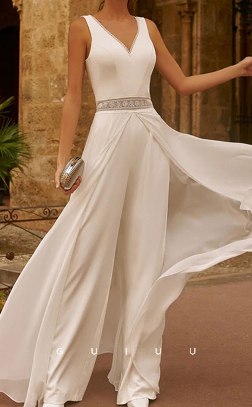 GW960 - Jumpsuit Pantsuit V-neck Sleeveless Elegant Chiffon Lace Wedding Dress