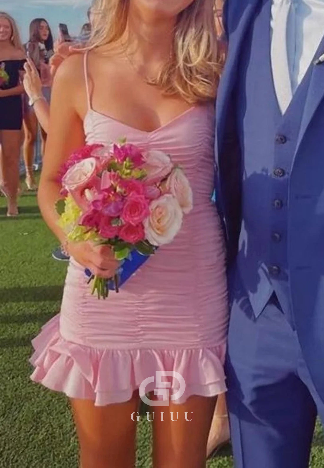 Light Pink Ruched V-Neck Mini Homecoming Dress with Ruffled