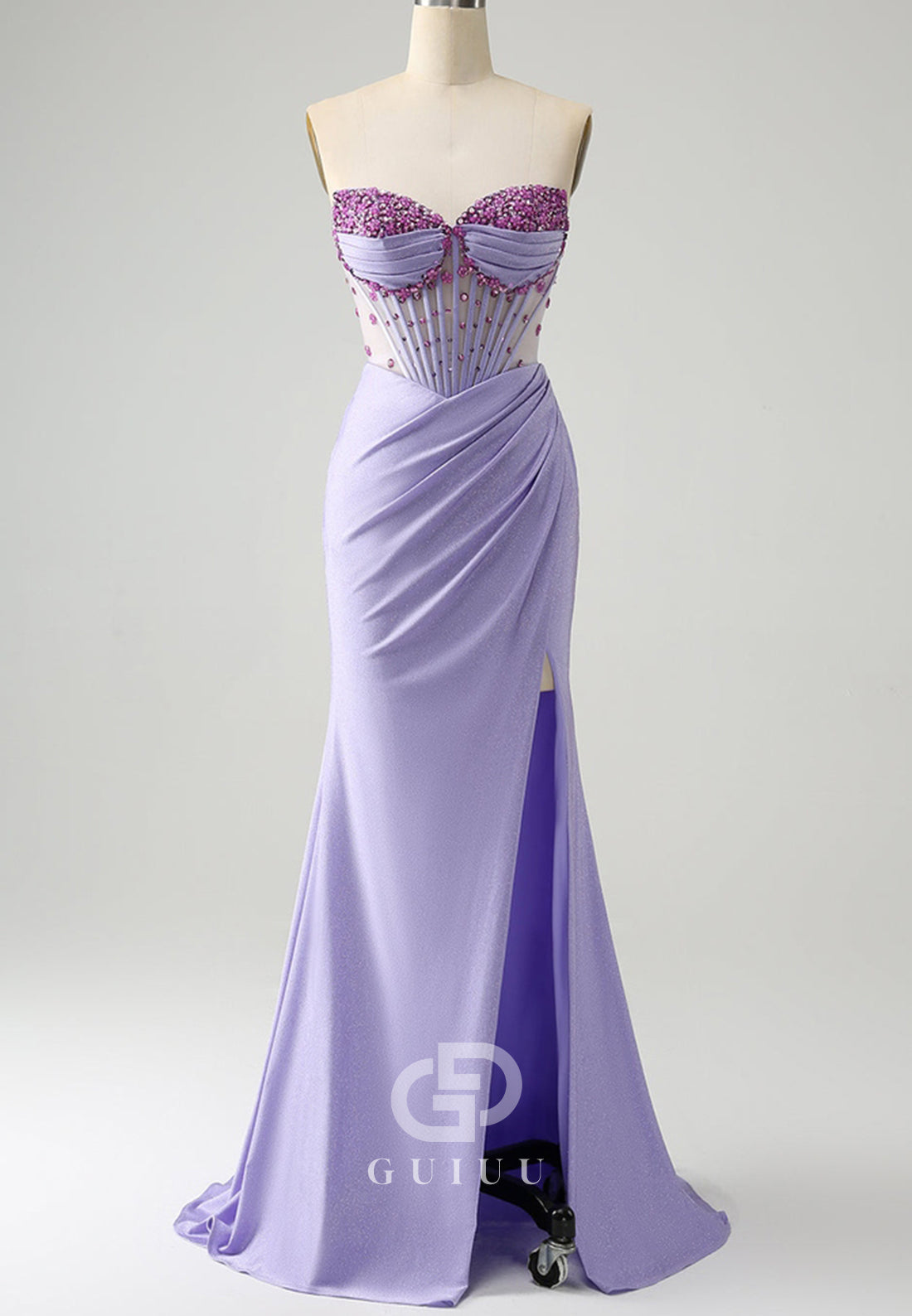 Lilac Sleeveless Strapless Slit Sequins Corset Prom Dress