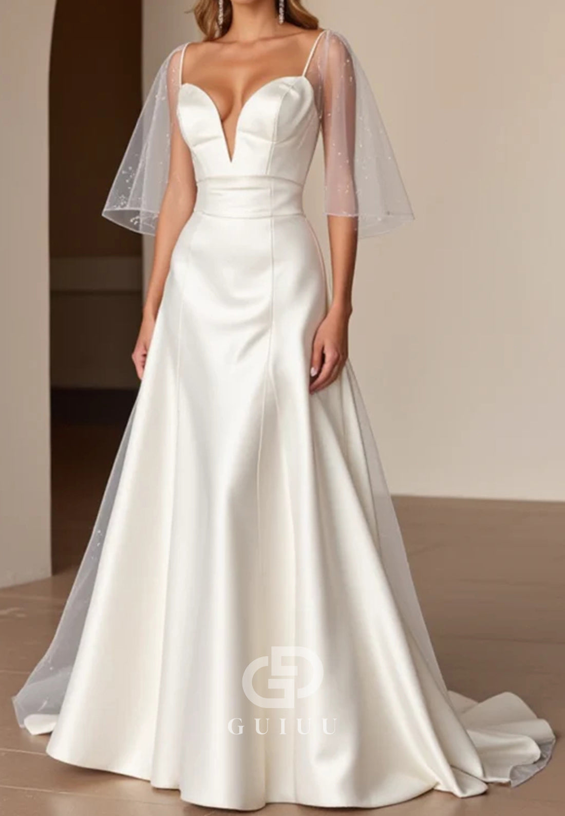Long Sleeves Satin Wedding Dress & Embellished Deep V-Neck