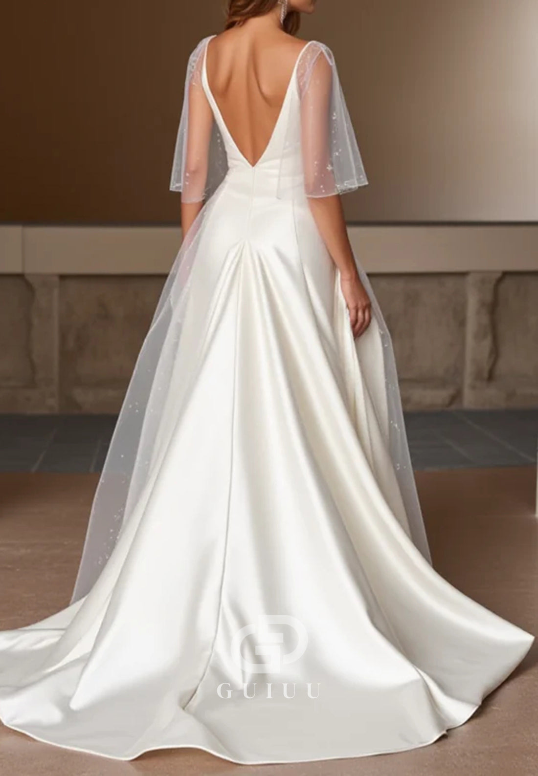 Long Sleeves Satin Wedding Dress & Embellished Deep V-Neck