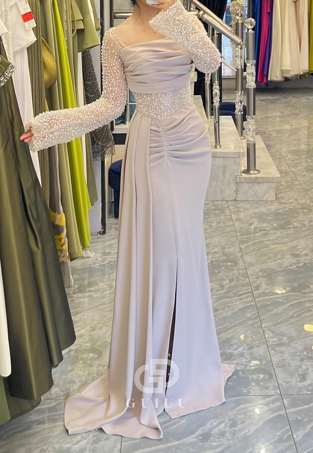 Long Sleeves Square Beads Empire-Waist Prom Dress