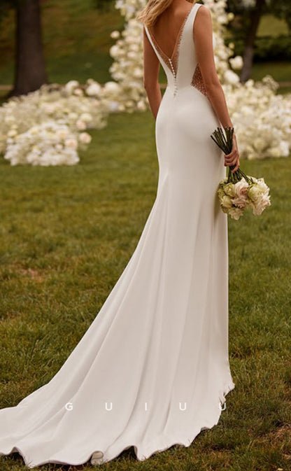 GW955 - Low V-Neck Beaded illusion Sleek Satin Elegant Mermaid Wedding Dress