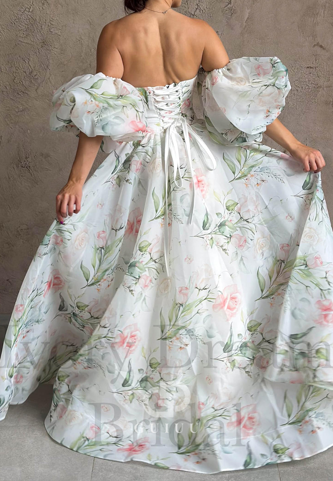 Charming A-Line Off-Shoulder Long Sleeves Floral Printed Romantic Wedding Dress