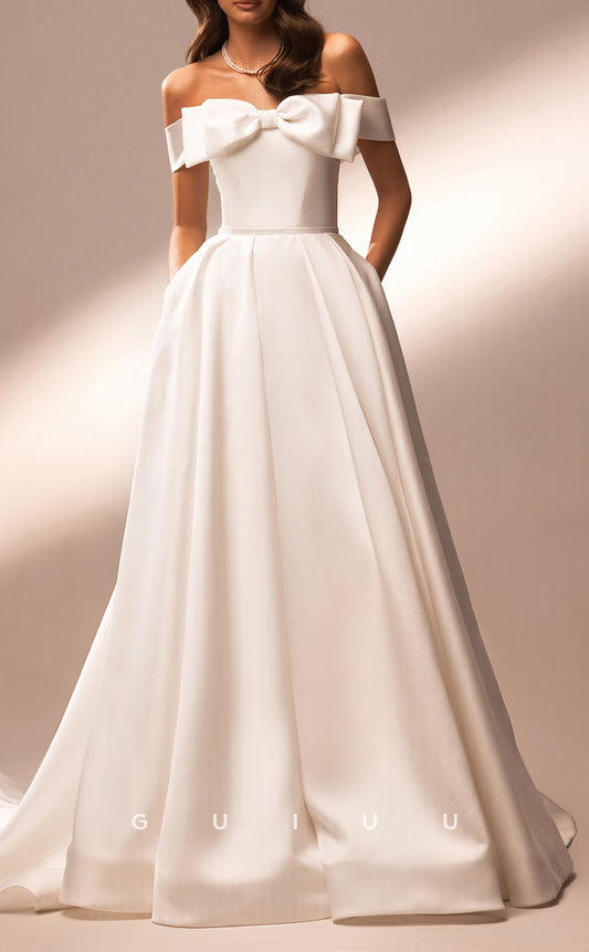 GW482 - Chic & Modern A-Line Off-Shoulder Satin Bows Boho Wedding Dresses