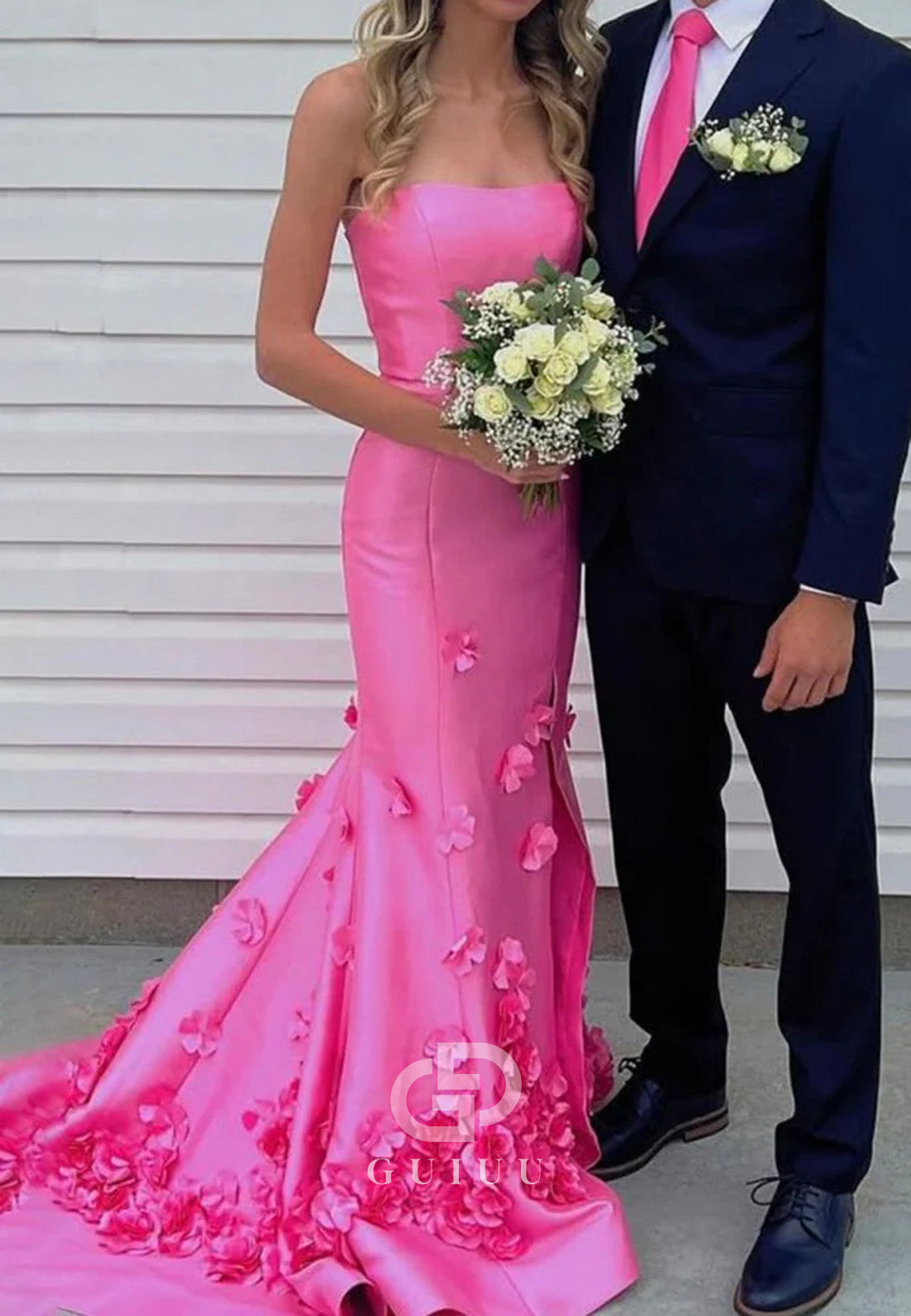 Pink Mermaid Strapless Sleeveless Long Prom Dress with Appliques
