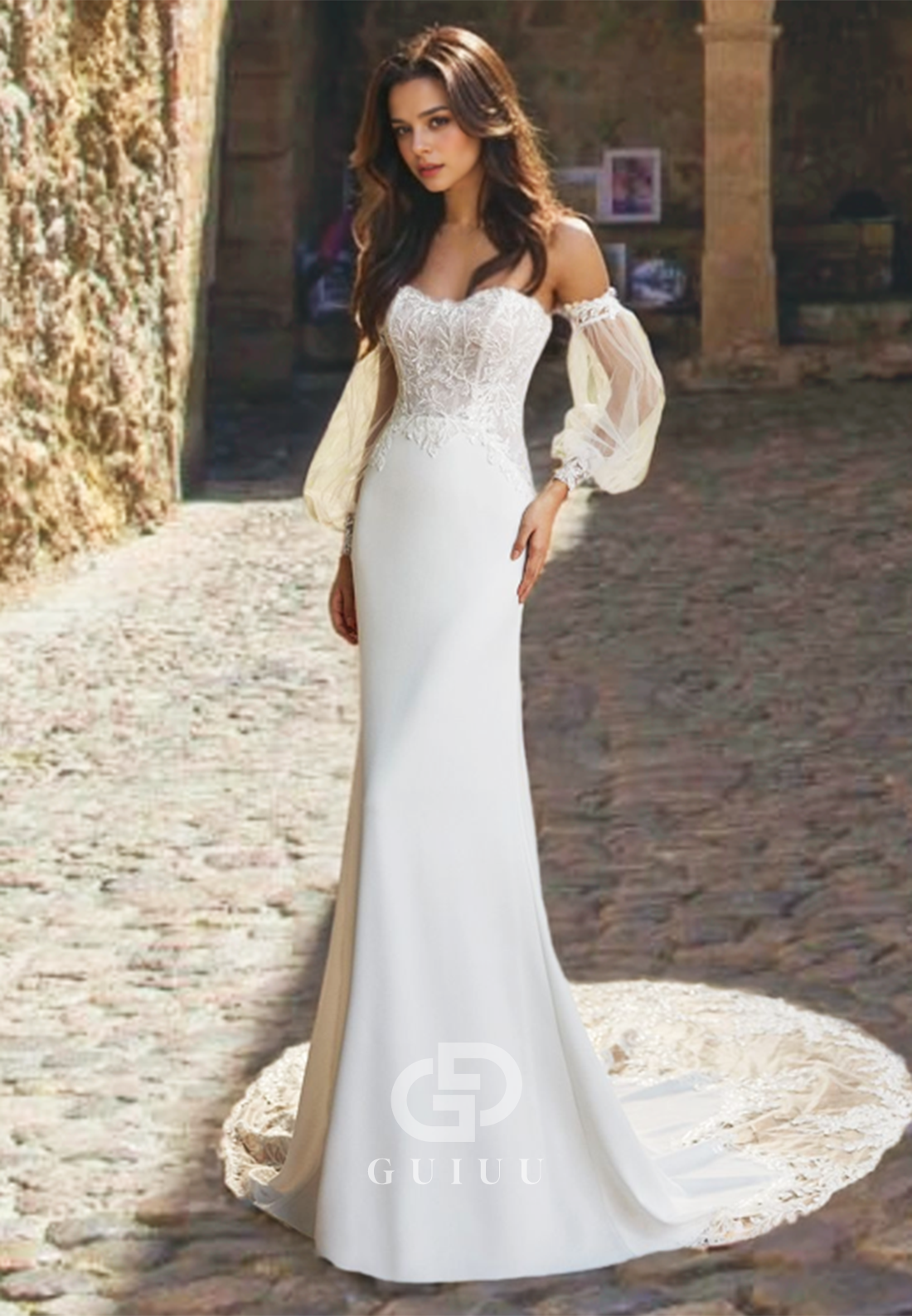 Sexy Ivory Sweep Train Strapless Wedding Dress with Lace Appliques and Lace Sleeves