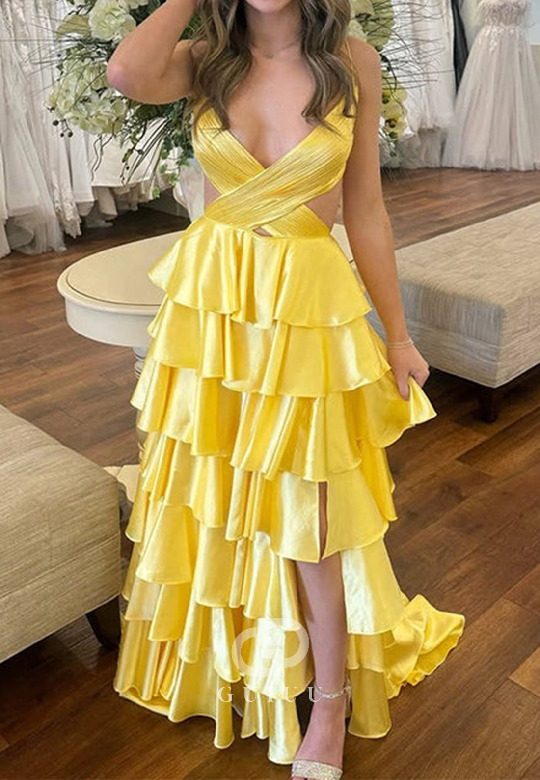 A-Line Spaghetti Straps V-Neck Ruffles Prom Dress with Slit