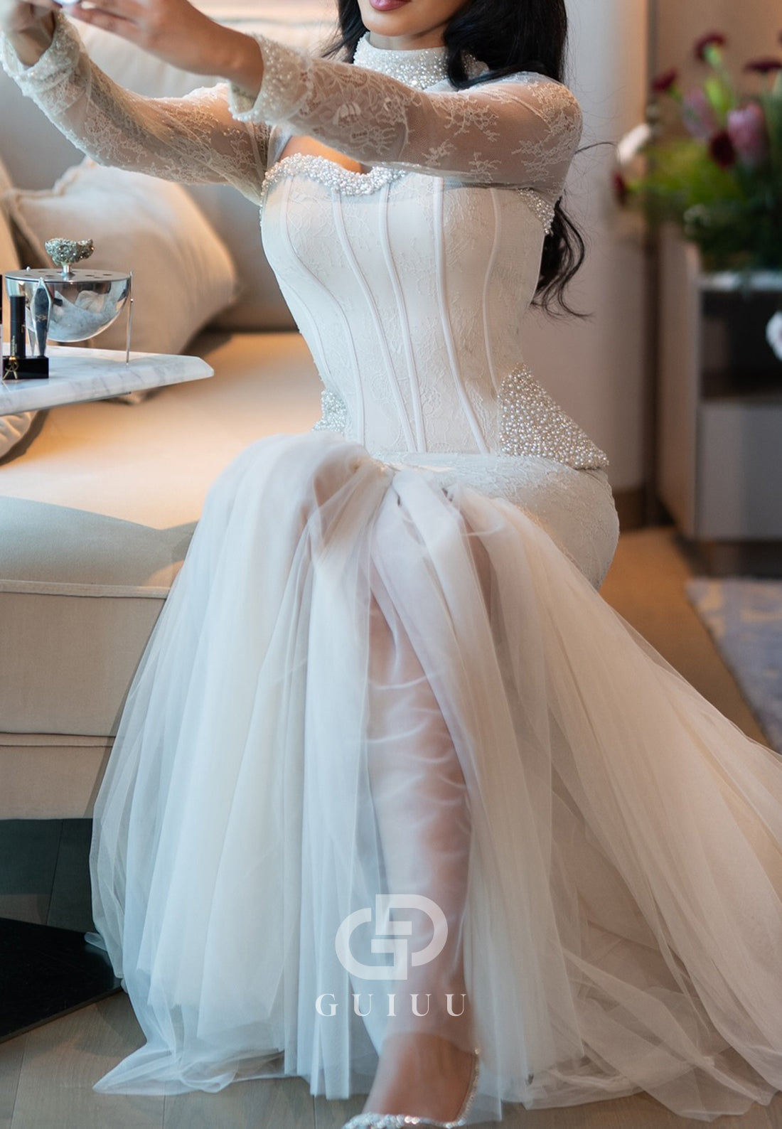 Elegant Long Sleeves Sweetheart Corset Lace-Up Back Wedding Dress