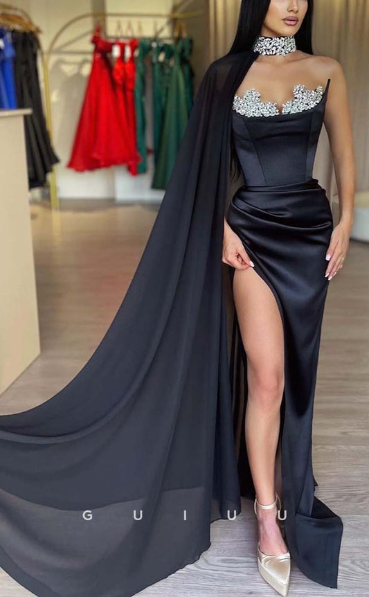 G3176 - Elegant & Luxurious Beaded Strapless Long Formal Prom Dresses With Shawl