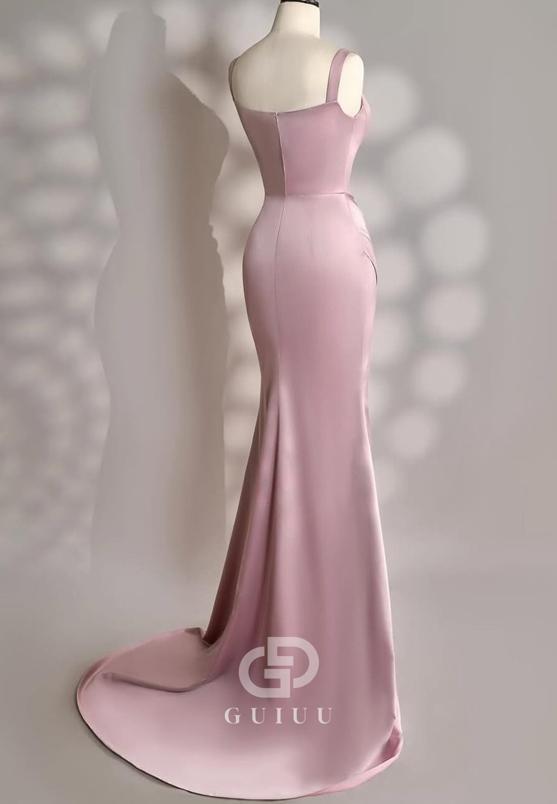 Blushing Pink Spaghetti Straps Square Ruched Evening Dress