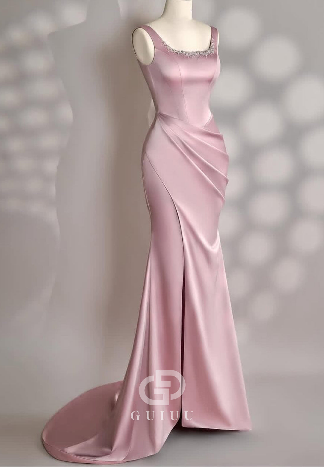 Blushing Pink Spaghetti Straps Square Ruched Evening Dress