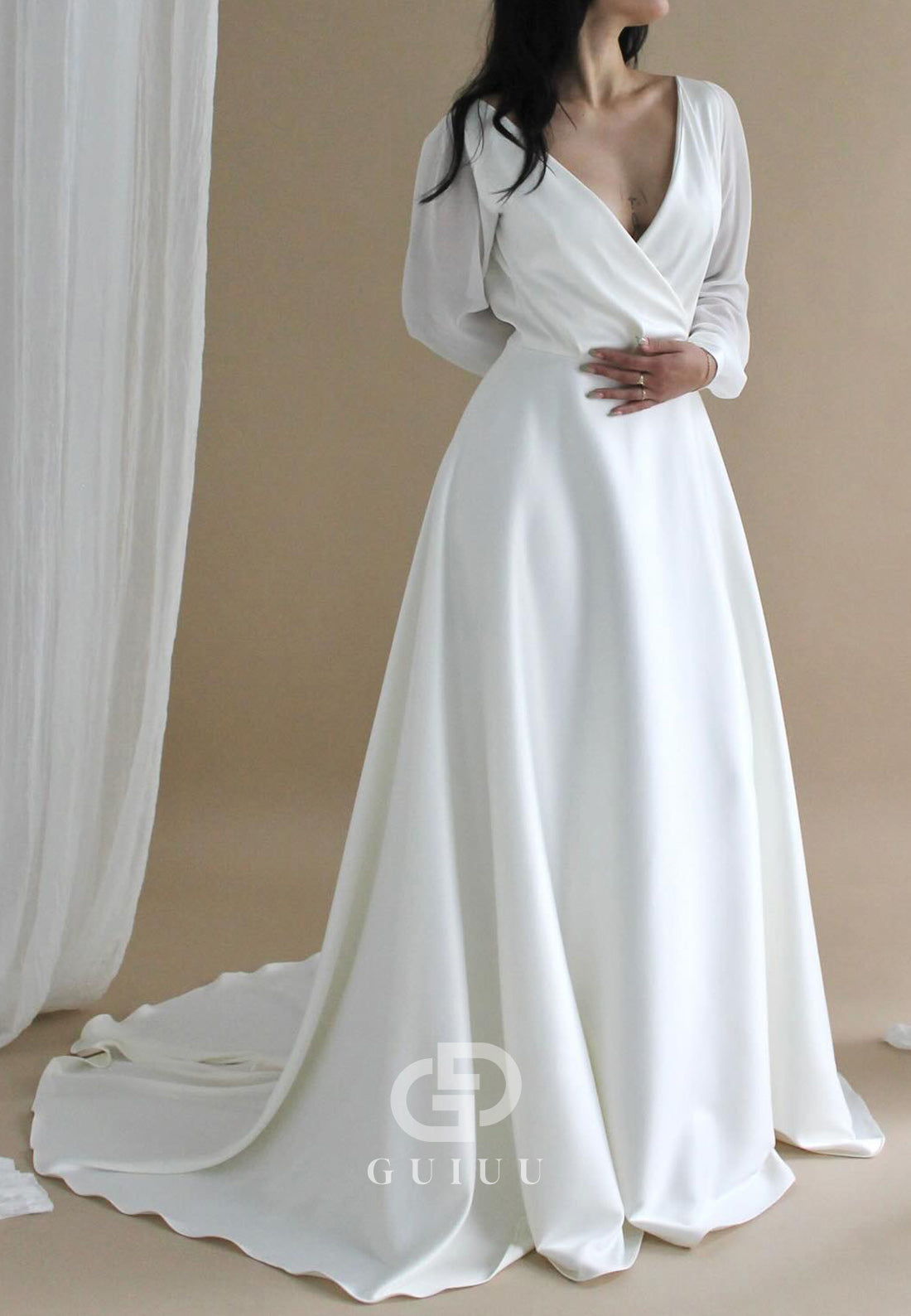 A-Line Long Sleeves V-Neck Empire-Waist Wedding Dress