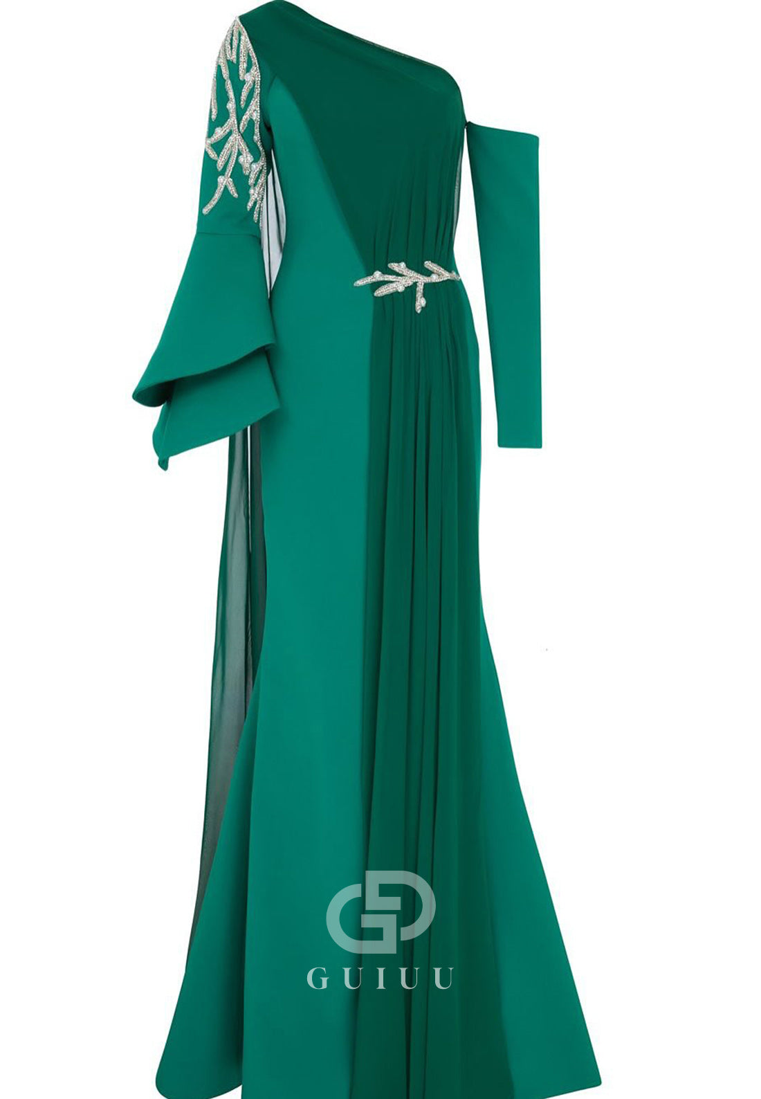 Asymmetrical Long Sleeves Appliques A-Line Evening Dress