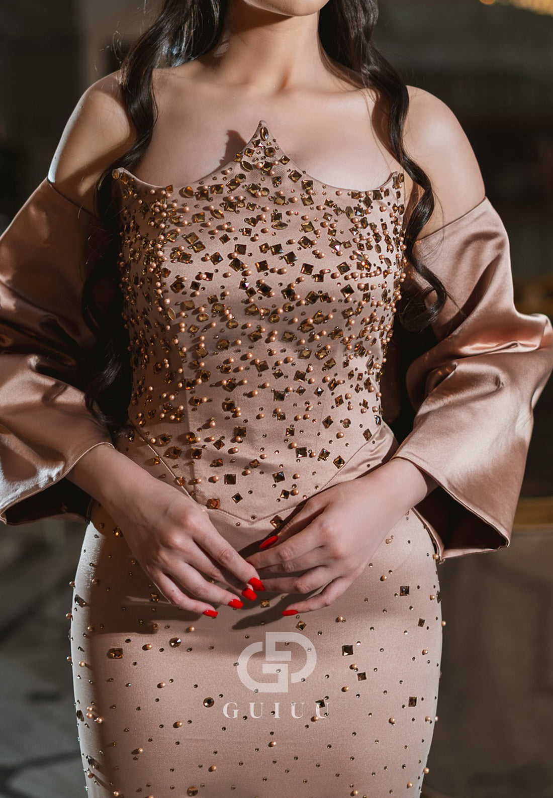 Brown Sheath Off-Shoulder Cape Beads Evening Dress