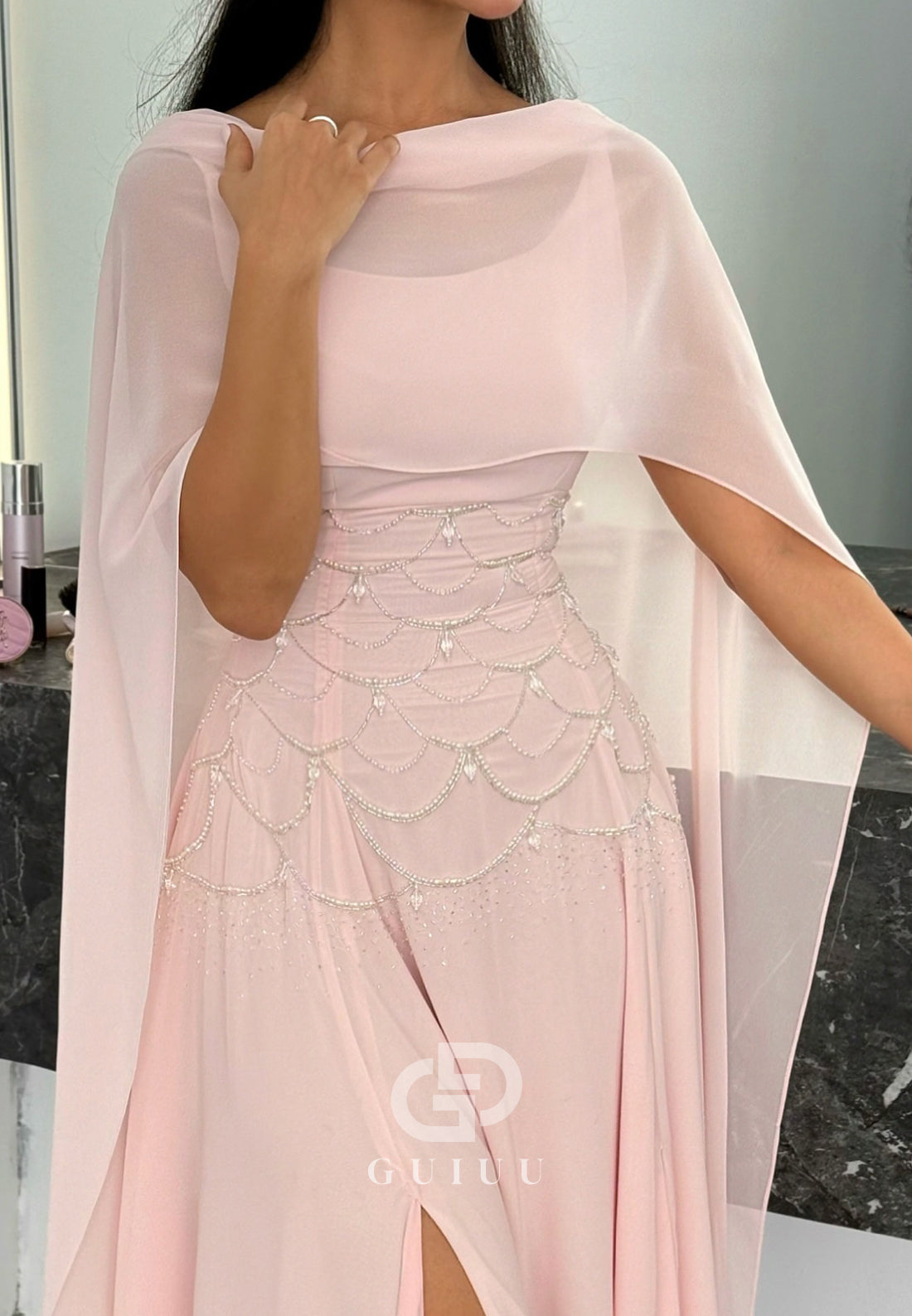 Blushing Pink Cape Empire-Waist A-Line Prom Dress