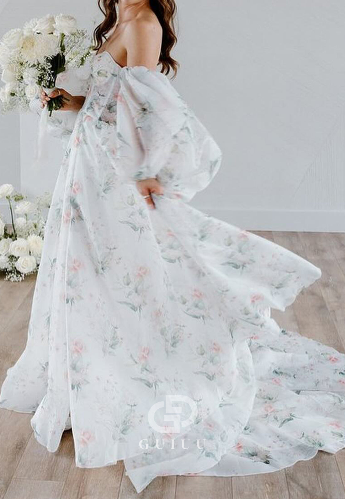 Charming A-Line Off-Shoulder Long Sleeves Floral Printed Romantic Wedding Dress