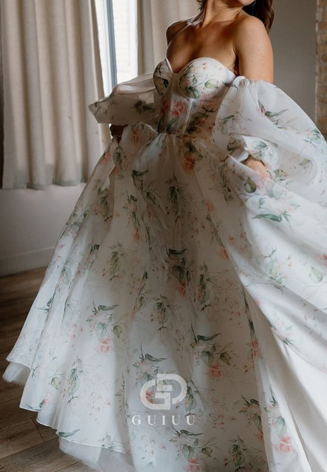 Charming A-Line Off-Shoulder Long Sleeves Floral Printed Romantic Wedding Dress