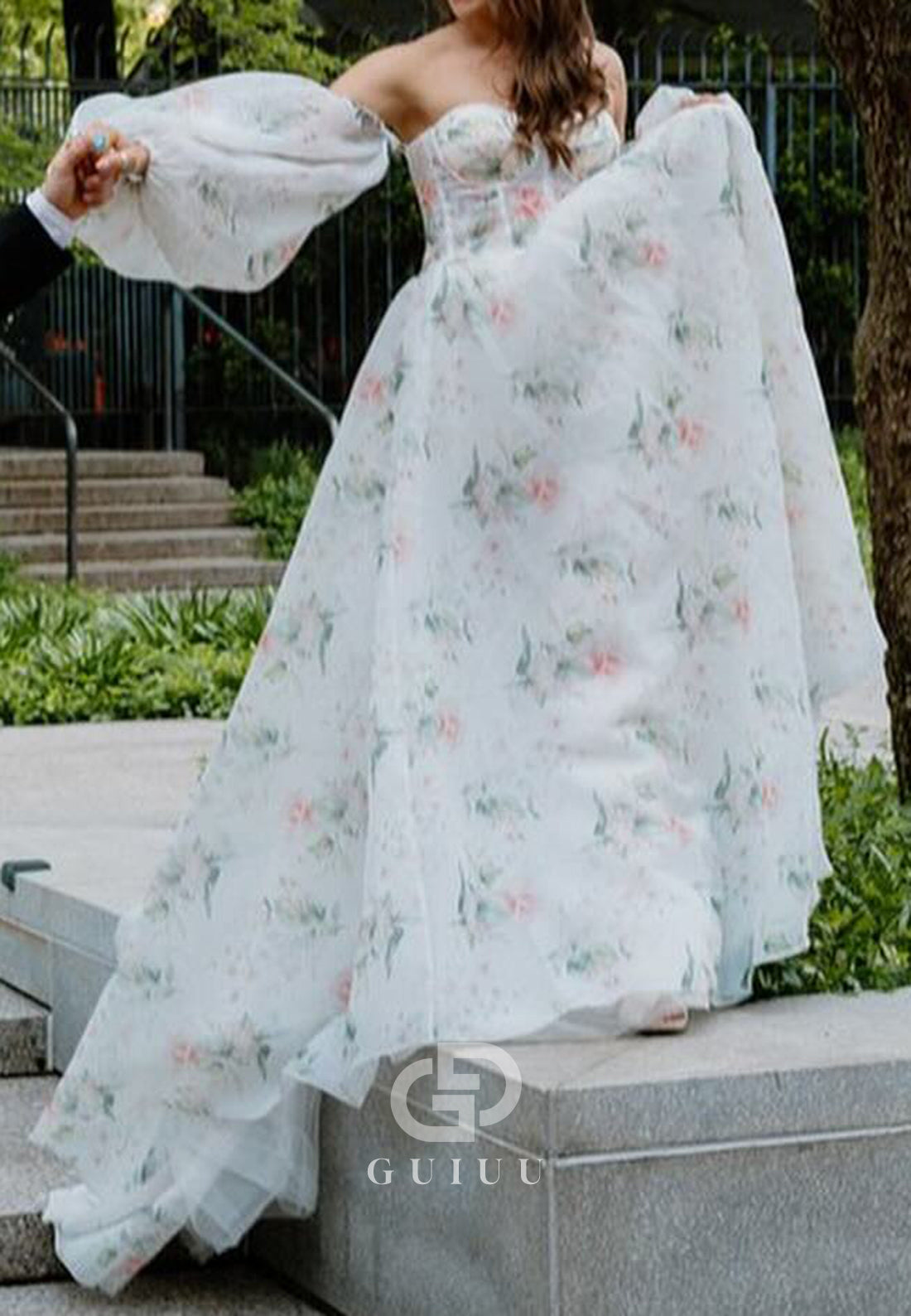 Charming A-Line Off-Shoulder Long Sleeves Floral Printed Romantic Wedding Dress