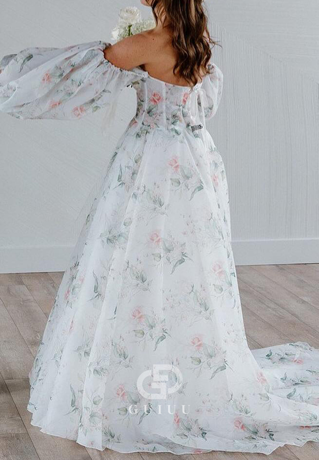 Charming A-Line Off-Shoulder Long Sleeves Floral Printed Romantic Wedding Dress