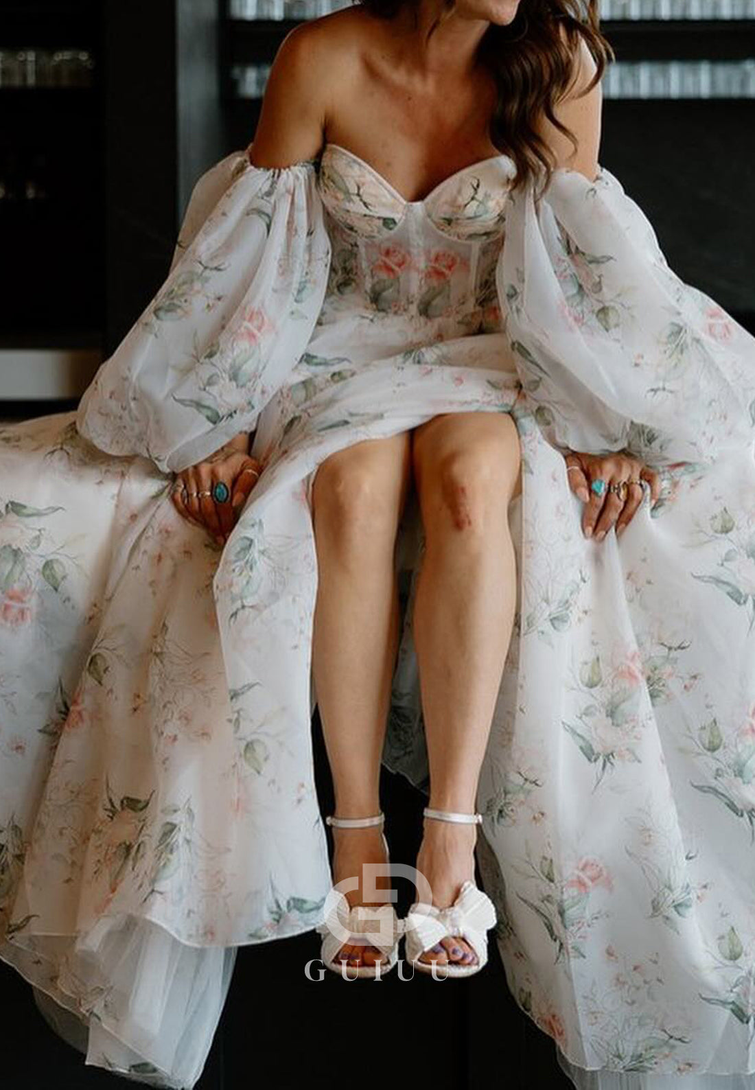 Charming A-Line Off-Shoulder Long Sleeves Floral Printed Romantic Wedding Dress
