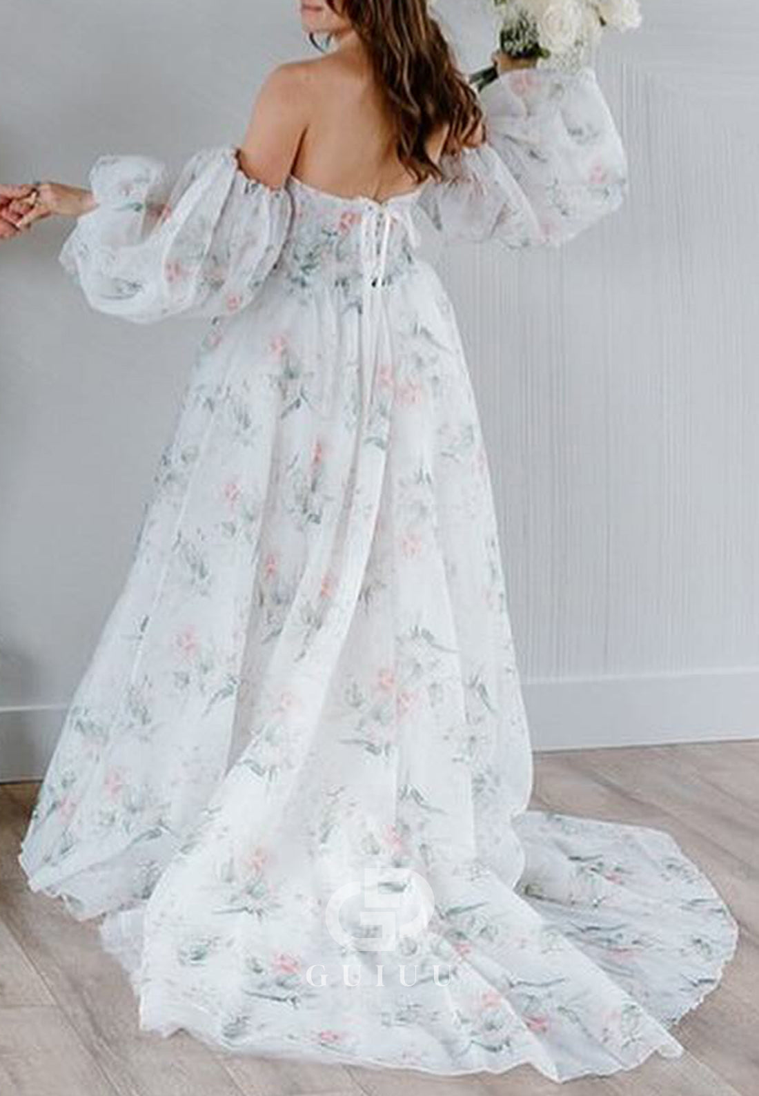 Charming A-Line Off-Shoulder Long Sleeves Floral Printed Romantic Wedding Dress