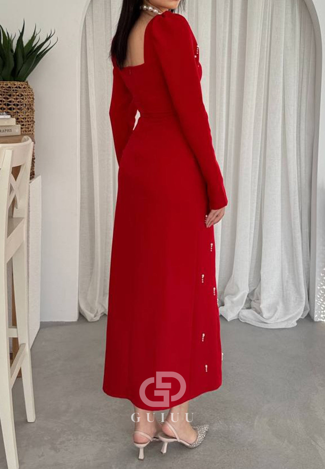 Long Sleeves Square Pearls Slit Semi-Formal Dress