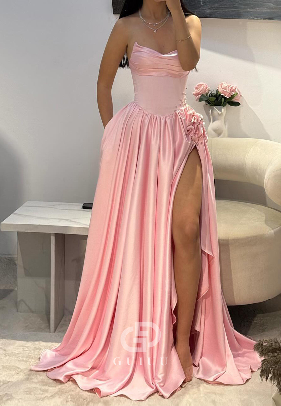 Blushing Pink A-Line Strapless Sleeveless Slit Prom Dress