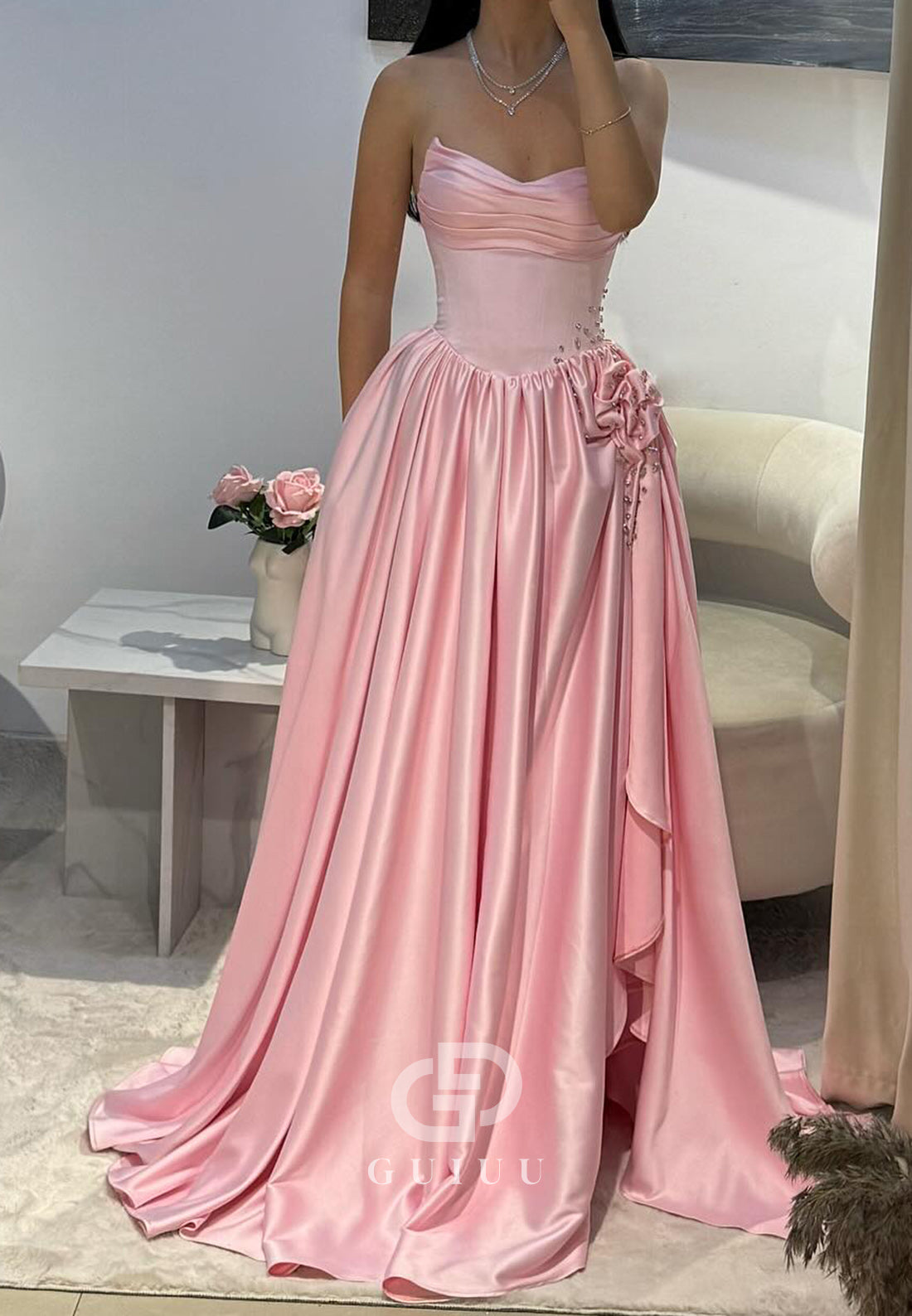 Blushing Pink A-Line Strapless Sleeveless Slit Prom Dress