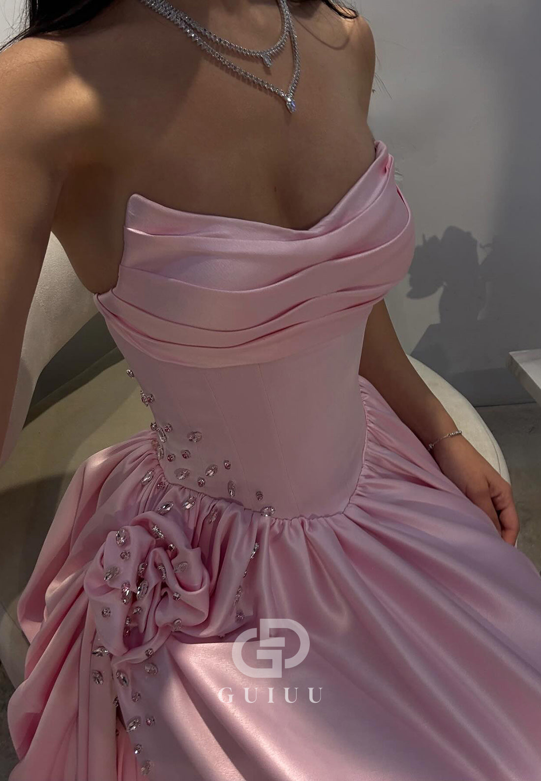 Blushing Pink A-Line Strapless Sleeveless Slit Prom Dress