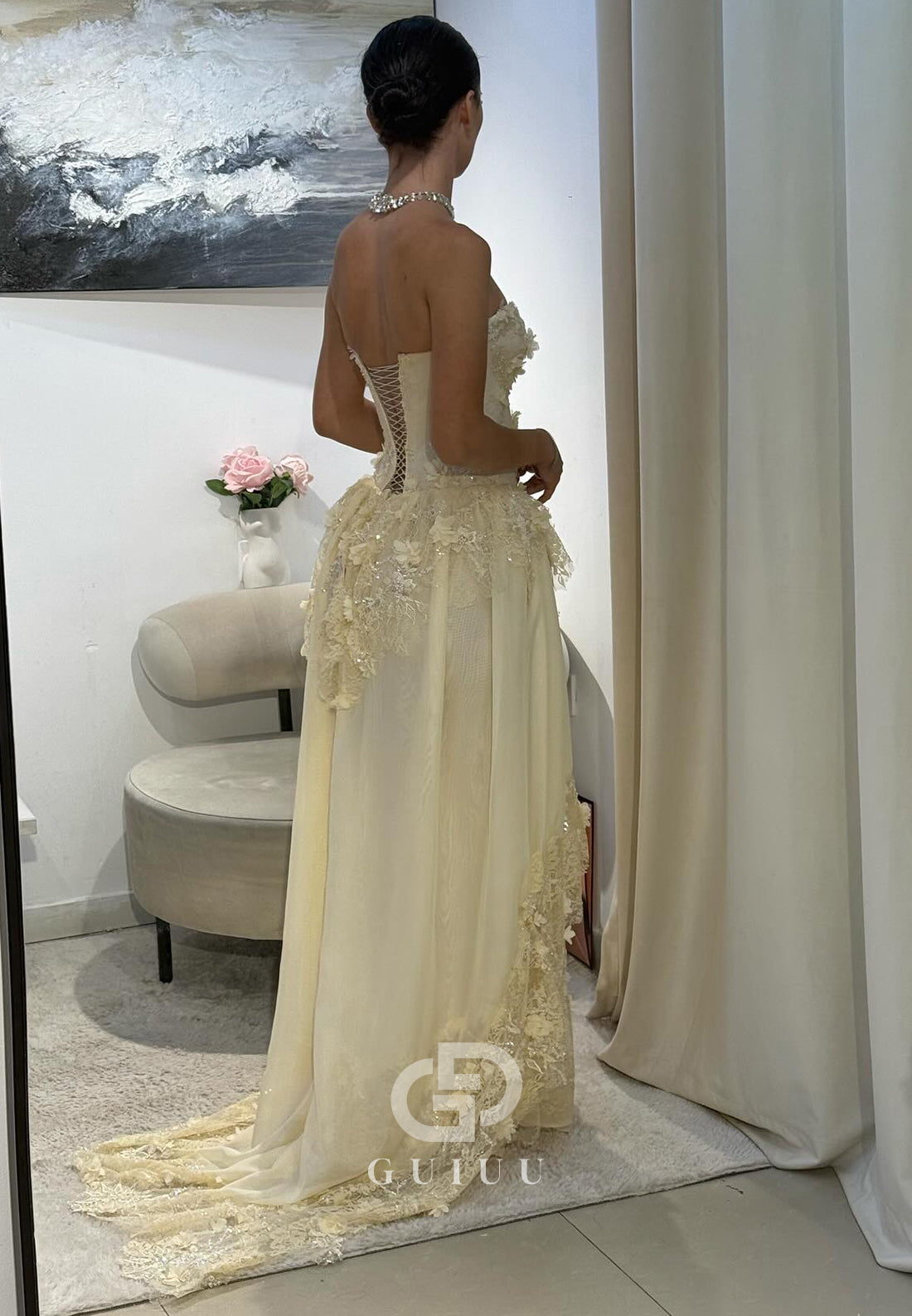 Daffodil A-Line Strapless Sleevelss Floral Appliques Prom Dress