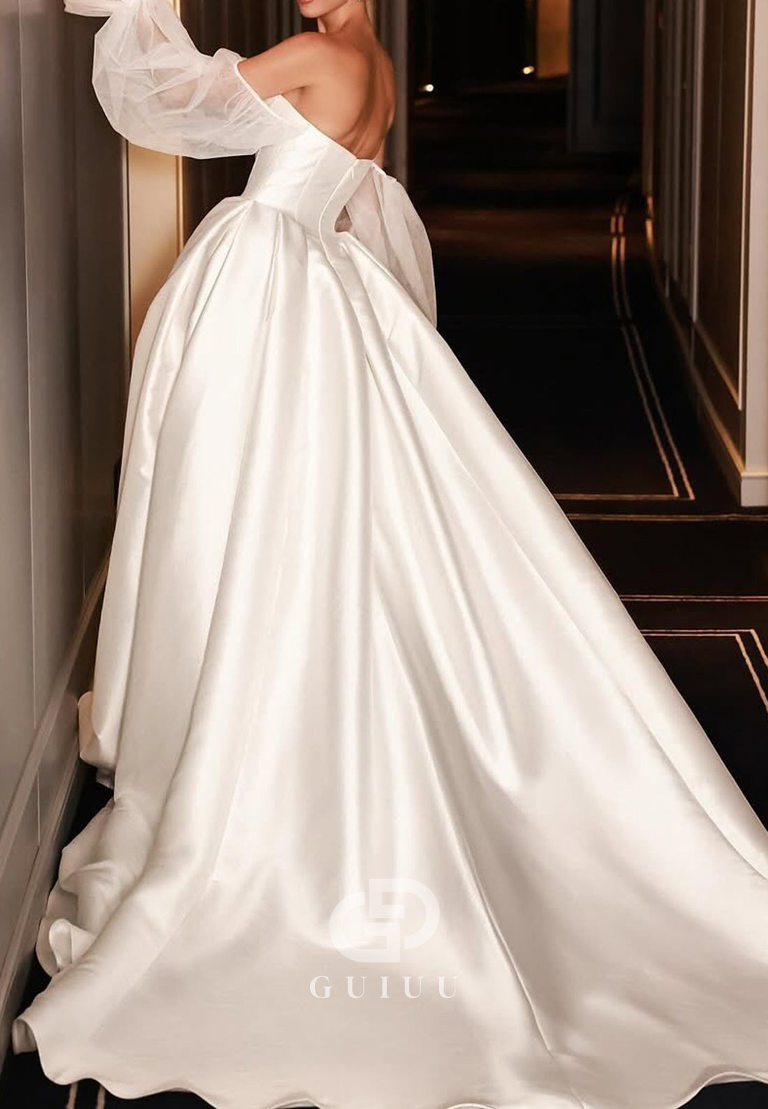 A-Line Off-Shoulder Long Sleeves Satin Wedding Dress