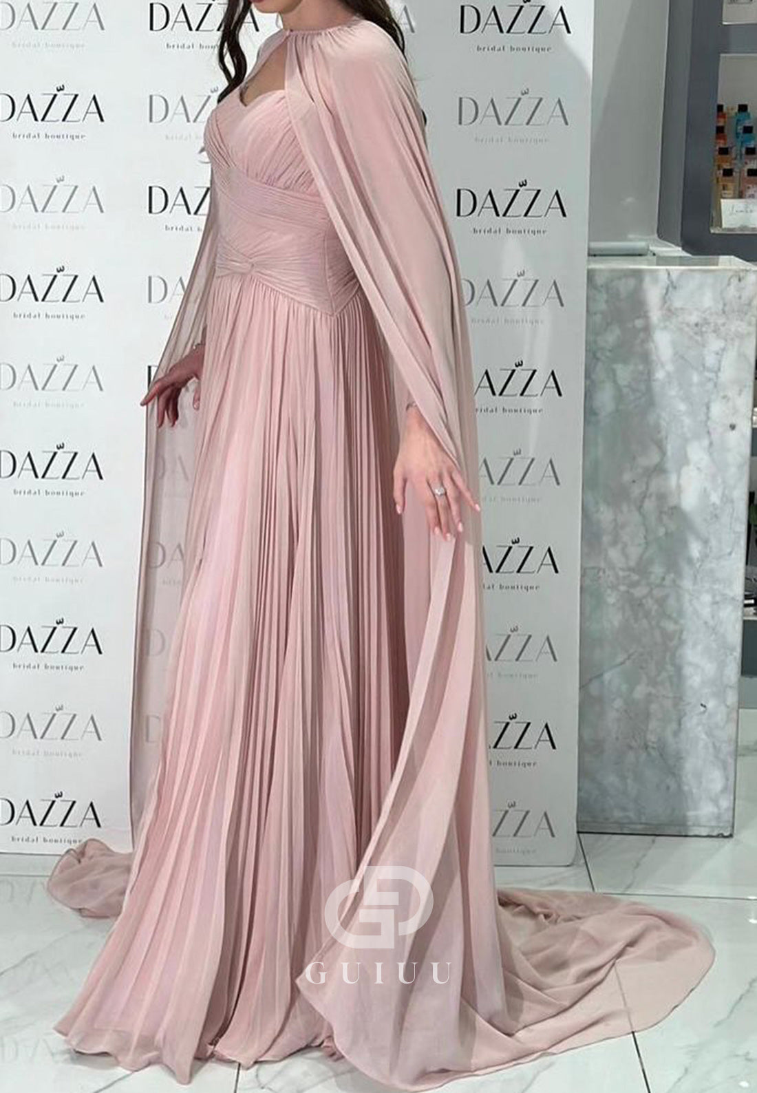 Simple Cape Scoop Corset Ruched Chiffon Evening Dress