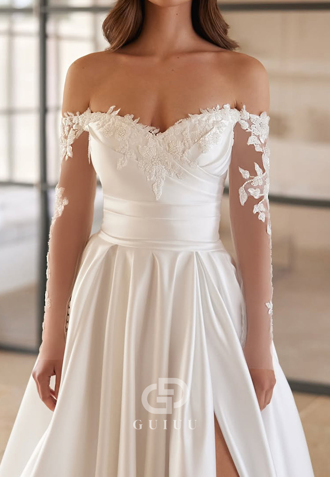 A-Line Long Sleeves Sweetheart Satin Wedding Dress