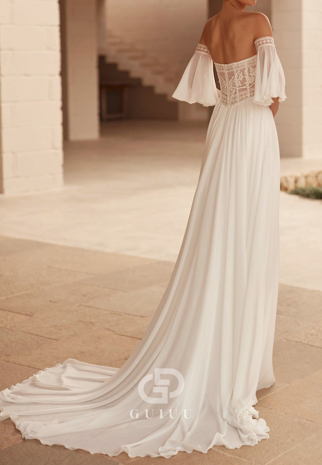 Short Sleeves Off-Shoulder Corset Tulle Slit Chiffon Wedding Dress