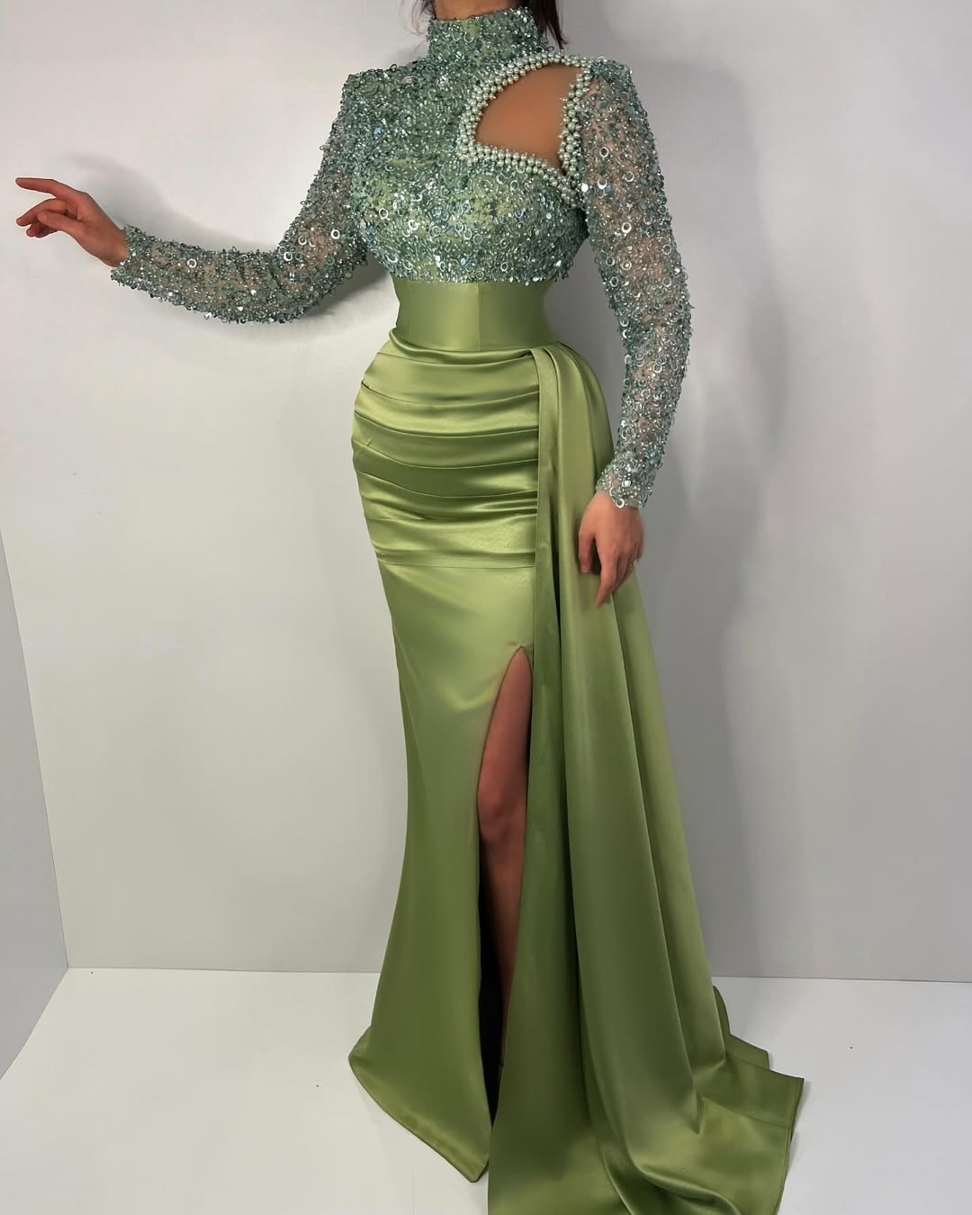 G3817 - Chic & Modern Sheath High Neck Sequined and Draped Formal Party Gown Prom Dress with Overlay