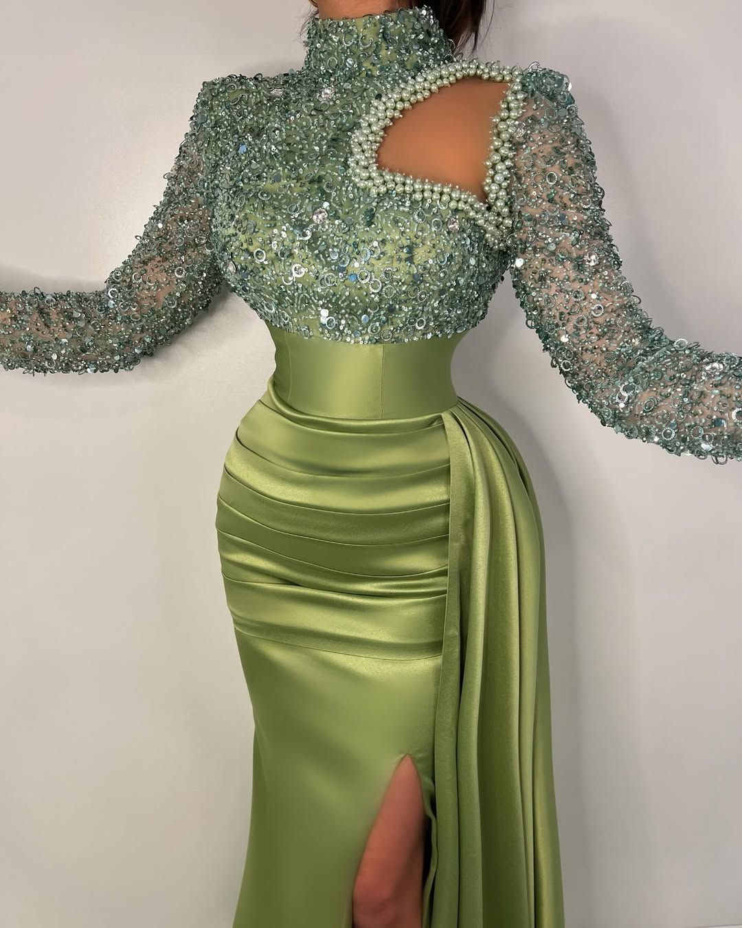 G3817 - Chic & Modern Sheath High Neck Sequined and Draped Formal Party Gown Prom Dress with Overlay