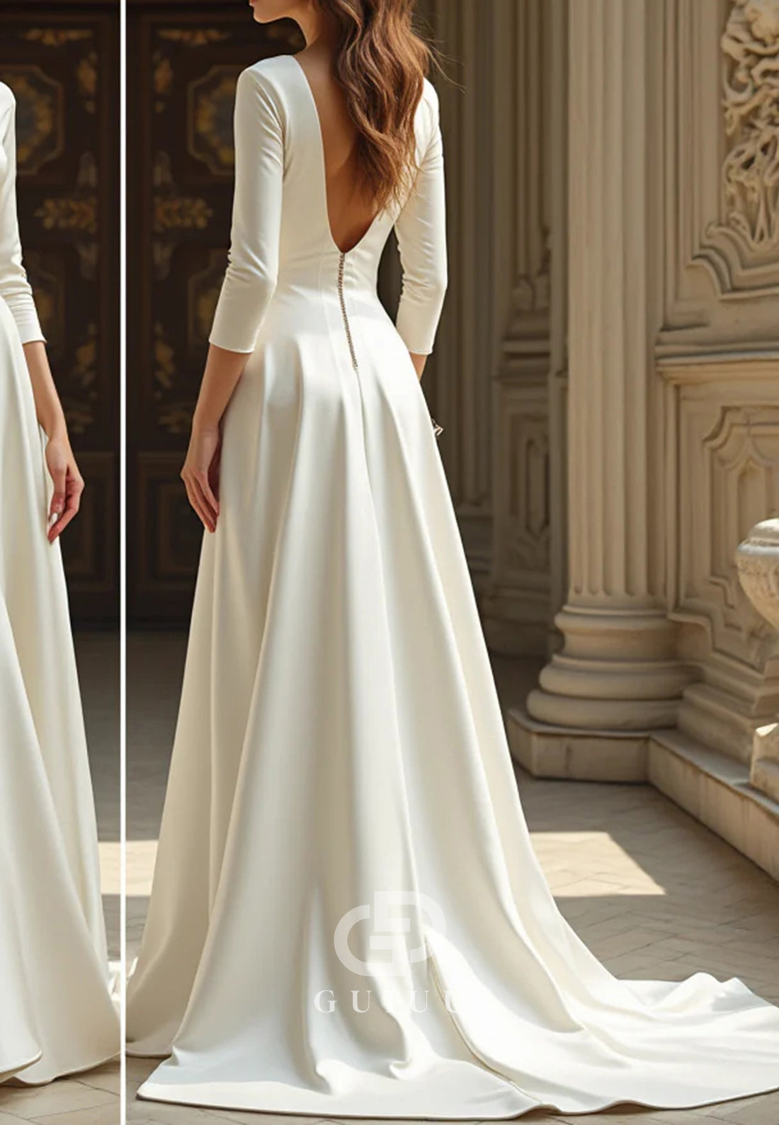 Elegant Long Sleeves Scoop Corset Satin Wedding Dress
